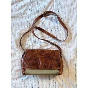 Vintage Furla Brown Leather Green Canvas Crossbody Purse